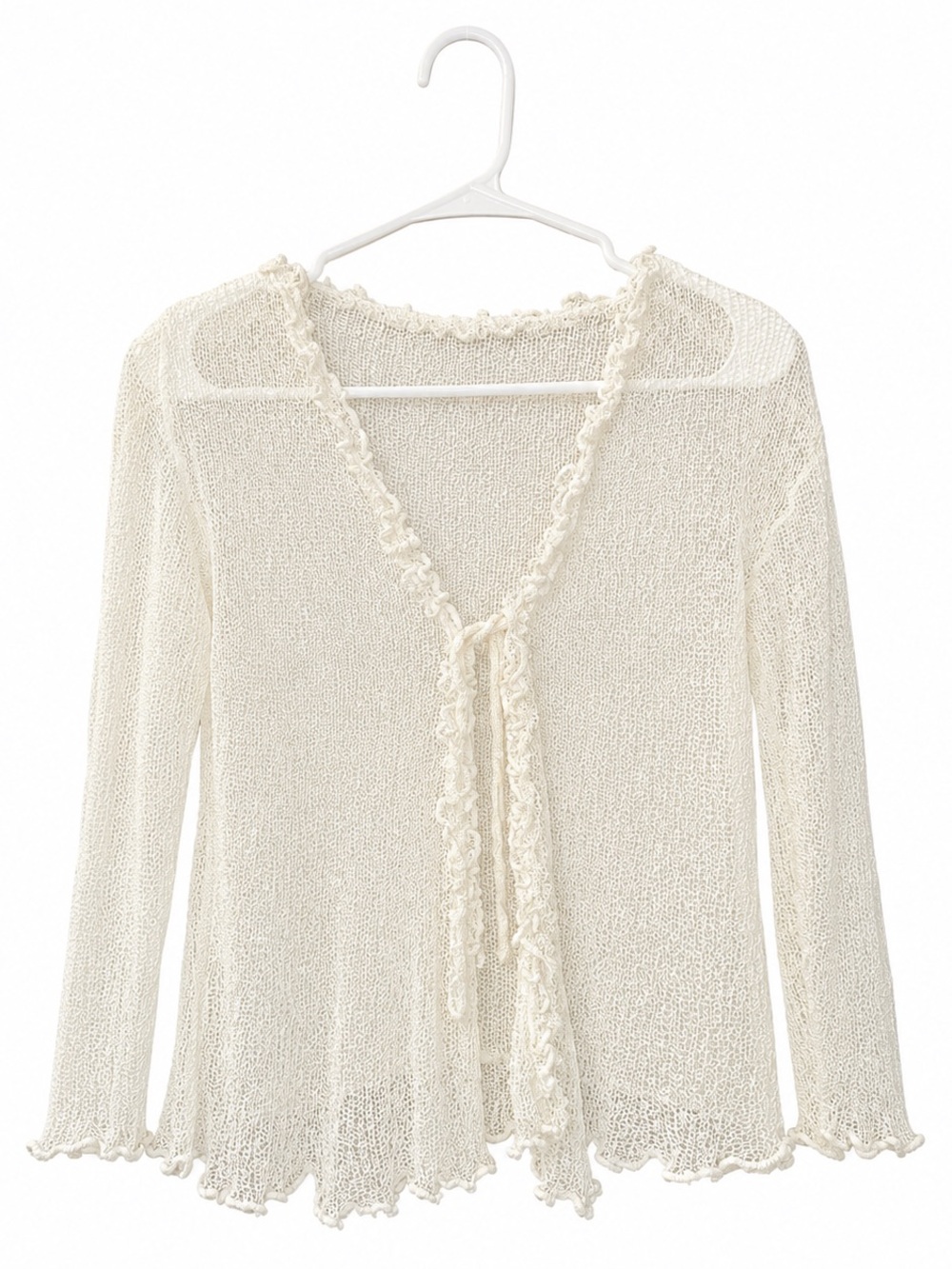 Back From Bali Cream Open Knit Shrug Cardigan Size Free Ruffle Tie Front Boho